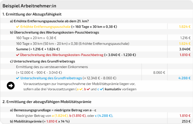 Rechenbeispiel zur Berechnung der Mobilitätsprämie am Beispiel eines Arbeitnehmers