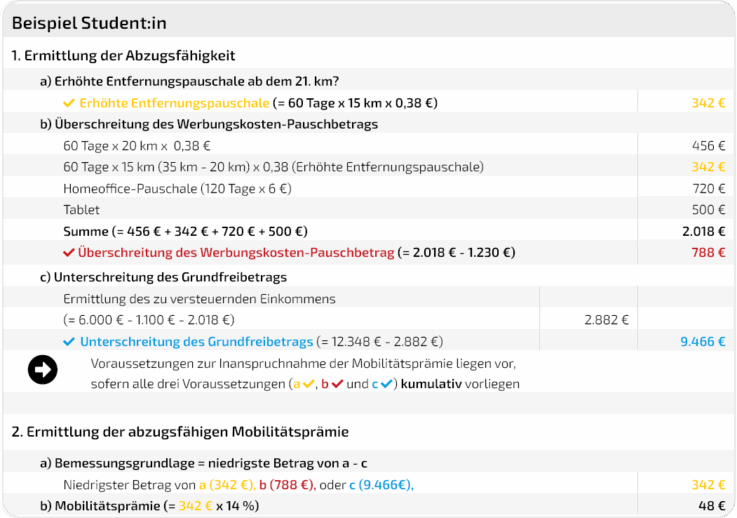 Rechenbeispiel zur Berechnung der Mobilitätsprämie am Fall eines Studenten