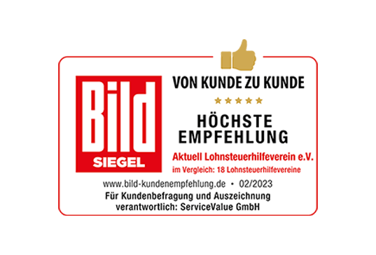 BILD-Kundenbefragung 2023: Höchste Empfehlung für den Aktuell Lohnsteuerhilfeverein e.V.