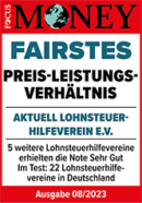 Focus Money Testergebnis 2023 | Fairstes Preis-Leistungs-Verhältnis | Aktuell Lohnsteuerhilfeverein e.V.
