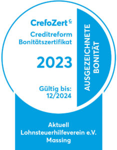 CrefoZert Creditreform Bonitätszertifikat 2023 - Ausgezeichnete Bonität - Aktuell Lohnsteuerhilfeverein e.V.