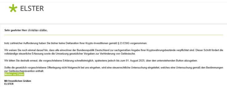 Beispiel einer Phishing-E-Mail, die mit ELSTER-Logo verschickt wurde