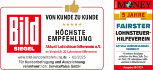 Testergebnisse 2025 | Siegel BILD - HÖCHSTE Kundenempfehlung & Focus Money - Fairster Lohnsteuerhilfeverein | Aktuell Lohnsteuerhilfeverein e.V.