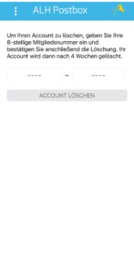 ALH Postbox Account löschen MG Nummer eingeben und bestätigen